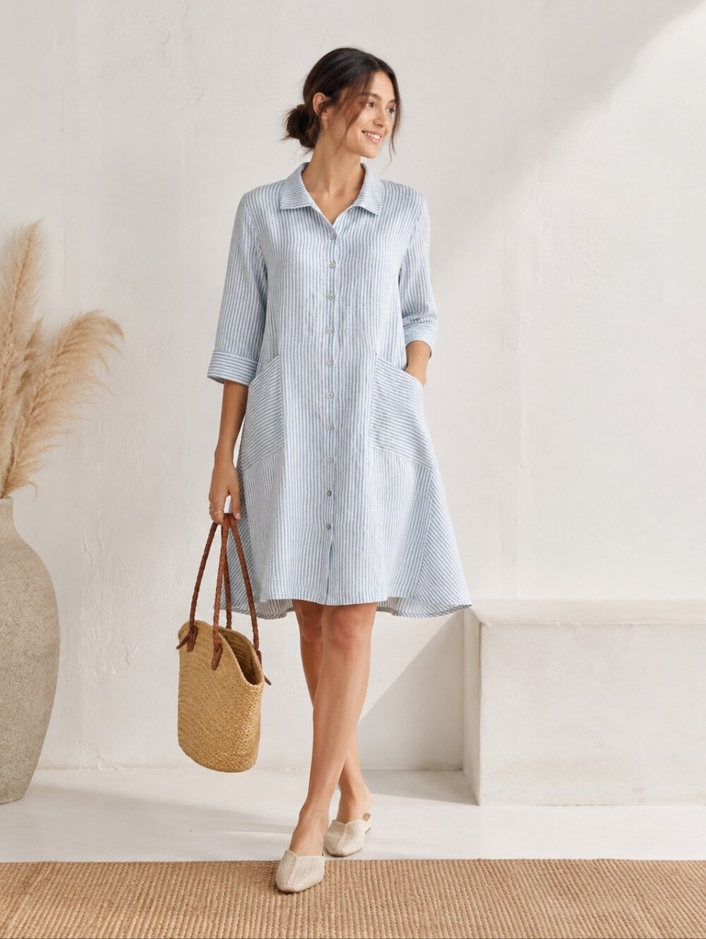 LINTICO Madison 100% Linen Blue Stripe A-Line Shirt Dress Size Large